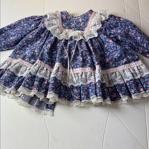 Vintage Bryan Infant Size 12 Months Blue Floral Cottagecore Lace Dress